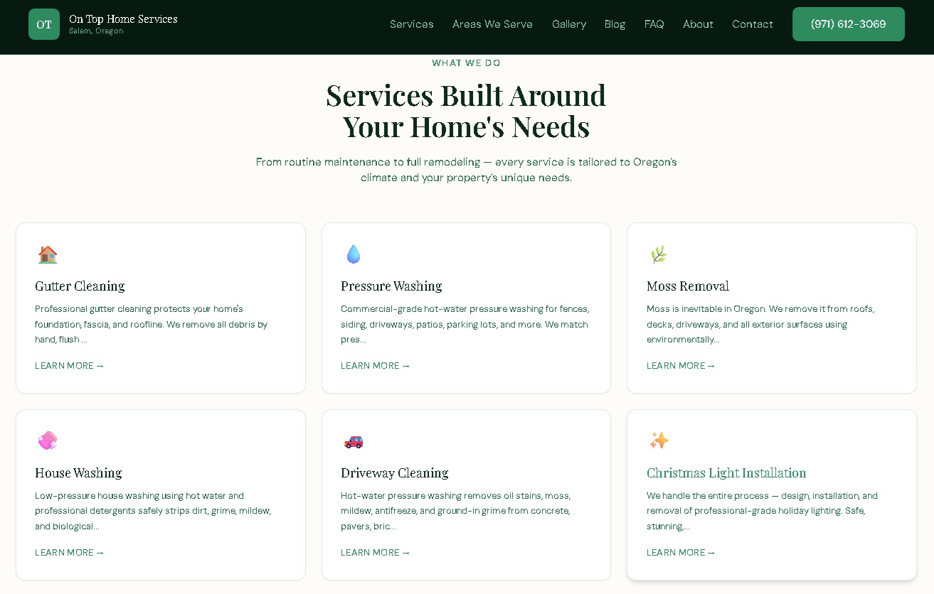 On Top Home Services after the rebuild, running on a custom CMS and operating system